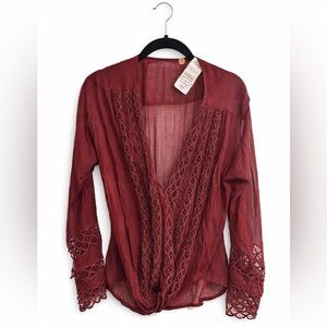 Free People Burgundy Sheer Lace Beaded Boho Blouse XS